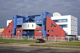 Modernistic building in the colors of the Russian flag