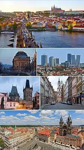 Clockwise from top: panorama with Prague Castle, Malá Strana and Charles Bridge; Pankrác district with high-rise buildings; street view in Malá Strana; Old Town Square panorama; gatehouse tower of the Charles Bridge; National Theatre