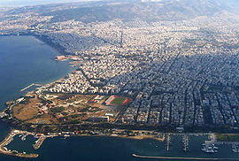 Aerial photo of Kalamaria. The stadium of Apollon Kalamarias and the marina of Aretsou are visible.