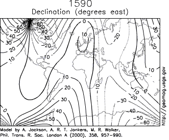 Estimated declination contours by year, 1590 to 1990