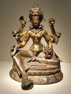 Vasudhara, Goddess of Abundance, view 1, Nepal, 1082 AD, gilded copper inlaid with semiprecious stones, traces of vermilion - Arthur M. Sackler Gallery - DSC06033.JPG