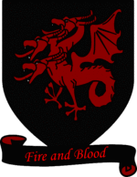 A coat of arms showing a red three-headed dragon on a black field over a scroll reading "Fire and Blood."