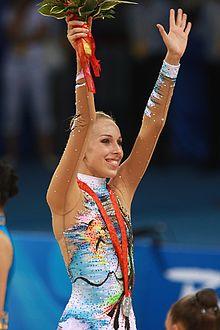 Inna Zhukova of Belarus winning silver medal, Beijing 2008.jpg