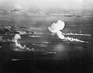 Japanese shipping under attack in Truk Lagoon during Operation Hailstone, 17 February 1944 (80-G-215151).jpg