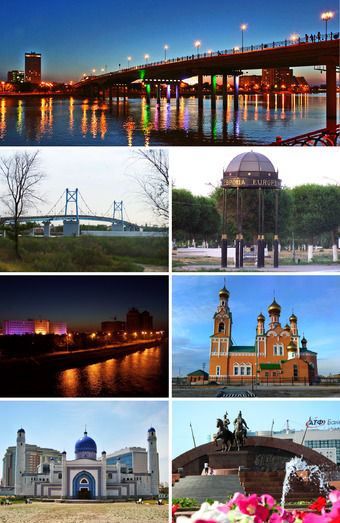 Clockwise from top: Central Bridge which connects Europe and Asia during the evening; Stand marking the European side of the city; Orthodox Church; Isatay and Makhambet Monument; Manjali Mosque; Ural River at night; Pedestrian Bridge over the Ural River.
