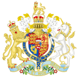 Quarterly, I and IV Gules three lions passant guardant in pale Or; II Or a lion rampant within a double tressure flory-counter-flory Gules; III Azure a harp Or stringed Argent; overall an escutcheon tierced per pale and per chevron, I Gules two lions passant guardant Or, II Or a semy of hearts Gules a lion rampant Azure, III Gules a horse courant Argent, the whole inescutcheon surmounted by crown