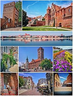 From top, left to right: Leaning Tower of Toruń Gothic defensive walls Old Town seen from the Vistula Św. Ducha Street Town Hall Philadelphia Boulevard riverbanks Tenement detail Marketplace Różana Street