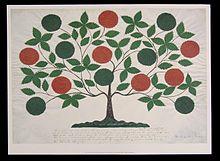 A painting of a stylised tree with large round orange and dark green fruits and lighter green leaves with a pattern of crossed lines