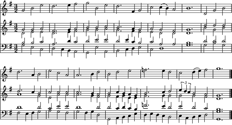 << << \new Staff { \clef treble \time 3/2 \key g \major \set Staff.midiInstrument = "muted trumpet" \set Score.tempoHideNote = ##t \override Score.BarNumber #'transparent = ##t \relative c'' { g2 b e | d2. e4 | fis2 | g b, e | d2. fis,4 g2 | c2 c4( b) a2 | b1. d,2 g b | d2. a4 b2 | e c a | a2. b4 d2 | b d e | f2. e4 d2 | c d4( e) fis2 | g1. \bar"|." } } \new Staff { \clef treble \key g \major \set Staff.midiInstrument = "church organ" \relative c'' << { g2 g a | fis2. g4 a2 | b b c | b2. a4 g2 | a g fis | g1. d'2 d d | d2. c4 b2 | c c c | c2. b4 a2 | b c4 b a g | b2. c4 d2 | \tuplet 3/2 { e4 d c } b2 a | g1. } \\ { d2 e e | d2. e4 fis2 | g g a | g2. fis4 e2 | e d d | d1. b'2 g b | a1 g2 | e a a | a2. g4 fis2 | g fis4 g e e | g2. g4 g2 | g g fis | d1. } >> } \new Staff { \clef bass \key g \major \set Staff.midiInstrument = "church organ" \relative c' << { b2 b c | a2. d4 c2 | d e e | d e4 c b2 | c a a | b1. d2 d d | d1 d2 | c2 e e | d1 d2 | d c4 d c b | f'2. e4 d2 | e d c | b1. } \\ { g2 e c | d c4 b a2 | g e' a, | b c4 d e2 | c d1 | g1. g2 b g | fis e4 fis g2 | a g fis | g fis4 g d2 | g, a4 b c e | d e d c b2 | c4 a b c d2 | <g g,>1. } >> } >> >> \layout { indent = #0 } \midi { \tempo 2 = 80 }
