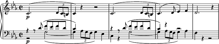  { \new PianoStaff << \new Staff << \new Voice \set Score.tempoHideNote = ##t \tempo 2 = 40 \relative c' { \clef "treble" \key es \major \stemUp \set Staff.midiInstrument = #"piano" \time 2/2 | % 1 c2. \p ^( \once \override TupletBracket #'stencil = ##f \times 2/3 { d8 c8 b8 } | % 2 c4 ) r4 r2 | % 3 c2. ^( \once \override TupletBracket #'stencil = ##f \times 2/3 { d8 c8 b8 } | % 4 c4. ) ^( d8 es4 ) f4 | % 5 d2. r4 } >> \new Staff << \new Voice \set Staff.midiInstrument = #"piano" \relative d' { \voiceOne \clef "bass" \key es \major \stemUp \time 2/2 r4 r8 d8 ^( f8 es8 f8 d8 | % 2 c4 ) s4 s2 | % 3 r4 r8 d8 ^( f8 es8 f8 d8 | % 4 c4 ) r4 r2 s1 } \new Voice \relative g { \voiceTwo \clef "bass" \key es \major \stemDown \time 2/2 r2 \p g2 _( _~ | % 2 g4 \once \override TupletBracket #'stencil = ##f \times 2/3 { as8 g8 f8 } g4 ) es4 | % 3 c4 r4 g'2 _( _~ | % 4 g4 \once \override TupletBracket #'stencil = ##f \times 2/3 { as8 g8 f8 } g4 ) as4 | % 5 f4 r4 r2 } >> >> } 