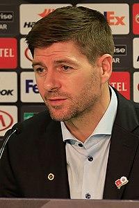 Steven Gerrard attending a press conference as manager of Rangers in 2018
