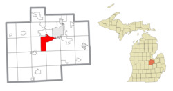 Location within Saginaw County (red) and an administered portion of the Shields community (pink)