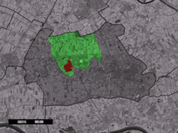 The town centre (red) and the statistical district (light green) of Beesd in the former municipality of Geldermalsen.