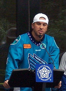 Rochester Knighthawks - 2012 - Joe Walters at city ceremony cropped.JPG