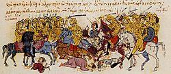 Illumination of battle scene with cavalry and foot soldiers.