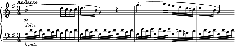  \relative c'' \new PianoStaff { << \new Staff { \key g \major \tempo "Andante" \time 3/4 b2\p_\markup { \italic dolce } ( d16 c b c d8. b16 g4 ) r4 g'4. ( a16 g fis e d cis d8. b16 g4 ) } \new Staff \relative c' { \clef "bass" \key g \major g16_\markup { \italic legato } d' b d g, d' b d a d b d g, d' b d g, d' b d g, d' b d g, e' c e g, e' c e g, cis ais cis g d' b d g, d' b d } >> } 
