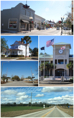 Top, left to right: Downtown Alachua, Pearce-Bishop historic house in the City of Alachua Downtown Historic District, railroad crossing near downtown Alachua, Alachua City Hall, Florida State Road 235