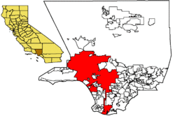 Los Angeles County with the City of Los Angeles in red. The Harbor Gateway is a two-mile wide north-south corridor that connects the Port of Los Angeles to the south with the rest of the city in the north (note the vertical red line).