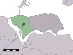 The town centre (dark green) and the statistical district (light green) of Kamperland in the municipality of Noord-Beveland.