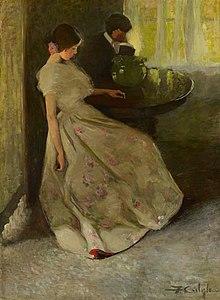 Painting of a seated man and woman by the Canadian artist Florence Carlyle.