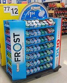 ICE BREAKERS endcap display showing two types of packaging offered by the brand - mints and chewing gum