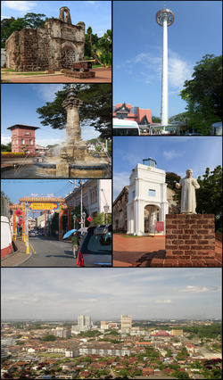 Clockwise from top right: Taming Sari Tower, St. Francis Xavier statue in front of St. Paul's Church, Malacca city centre, Chinatown, clock tower and fountain near the Stadthuys and Porta de Santiago.