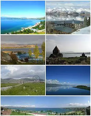 From top left: Sevan landscape • Vaskenian Theological Academy Sevan peninsula • Sevan Monastery Sevan skyline • Lake Sevan Panoramic view of Sevan beach
