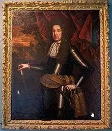 3/4-length portrait of Donough MacCarty, 1st Earl of Clancarty, showing a clean-shaven man with long curly hair or such a wig, wearing a lace jabot and clad in armour, standing in front of some drapery with a view on a distant landscape with a palace and a French garden in front of it