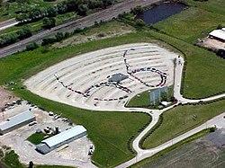 Cars in a "66" formation at the SkyView Drive-In.