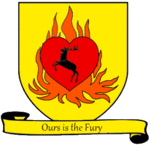 A coat of arms showing a crowned black stag in a red heart engulfed in orange flames on a field of yellow.