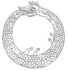A black ouroboros—a snake coiled in a circle, biting its own tail