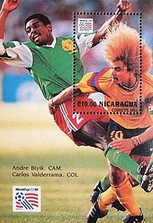 André Kana-Biyik vs Carlos Valderrama 1994 stampsheet of Nicaragua.jpg