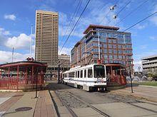 Buffalo light rail train laying over at Erie Canal Harbor station (2015).jpg