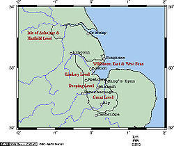 Map of eastern England, showing position of the Fens.[1]