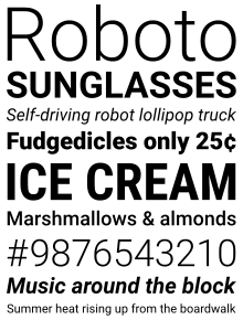 Sample text of Roboto typeface in 2013 in various font weights and sizes. Unlike now, the last stroke of uppercase R is wavy and majestic, the same as in Helvetica.