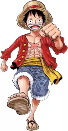 Monkey D. Luffy is wearing a red jacket with a straw hat, blue jean shorts, yellow sash, and sandals.