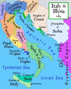 The Duchy (in green) in the political context of Italy and the Balkans in 1084.
