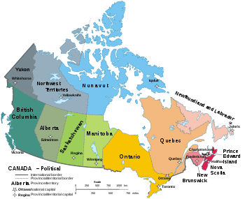 A map of Canada showing its 10 provinces and 3 territories