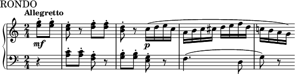  \relative c'' \new PianoStaff { << \new Staff { \key c \major \mark "RONDO" \tempo "Allegretto" \time 2/4 \partial 4 <e g>8-.\mf <e g>8-. | <c e>8-. r8 <d f>8-. <d f>8-. | <b d>8-. r8 c16\p ( d e c | a b c cis d e f d | \override Stem.direction = #DOWN c! b a g ) } \new Staff \relative c' { \clef "bass" r4 <a c>8-. <a c>8-. <f a>8-. r8 <g b>8-. <g b>8-. <e g>8-. r8 f4. ( d8 g8 ) r8 } >> } 