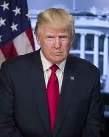 Official White House presidential portrait. Head shot of Trump smiling in front of the U.S. flag, wearing a dark blue suit jacket with American flag lapel pin, white shirt, and light blue necktie.