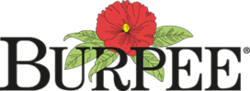 Logo of Burpee Seeds, a flower, surrounded by leaves, above the word "Burpee"