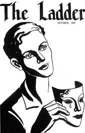 A drawn illustrated magazine cover of a woman in half shadow with short, wavy hair holding a harlequin mask under the title "The Ladder" and the date "October 1957" underneath it.