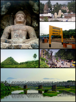 Anakapalle Montage Clockwise from Top Left: Rock-cut Buddha Statue at Bojjannakonda, View of Anakaplli Town, Anakapalli railway Station, Streets of Anakapalli, Rail Bridge on Sarada River, View of Satyanarayana Konda