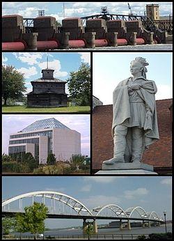 Clockwise from top: Lock and Dam No. 15, statue of Black Hawk, Rock Island Centennial Bridge, Quad City Botanical Center, replica of a Fort Armstrong blockhouse