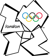 Four abstract shapes placed in a quadrant formation spelling out "2012". The word "London" is written in the shape representing the "2", while the Olympic rings are placed in the shape representing the "0".