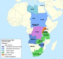 color map of African countries showing Uganda Rwanda and Burundi backing rebels against Kabila