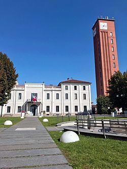 Marconi square with garden, fountain, Town Hall - Clock Tower on the right side