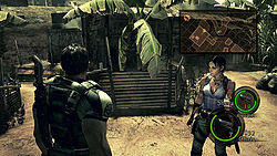 Still from the game with Chris Redfield (back to the player) and Sheva Alomar (facing the player)