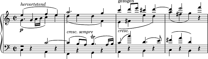  { \new PianoStaff << \new Staff << \new Voice \set Score.tempoHideNote = ##t \tempo 4 = 120 \relative e'' { \clef "treble" \key c \major \stemDown \set Staff.midiInstrument = #"piano" \time 2/2 | % 1 g,4. _( a16 b16 c4 ) e4 | % 2 d4 _( e4 d4 f,4 ) | % 3 e4 ^"gezogen" _\markup{ \italic {cresc.} } _( fis4 e'4 d4 ) | % 4 a'4 _( fis4 g4 ) r4 } \relative g' { \clef "treble" \key c \major \stemUp \time 2/2 | % 1 e'4 \p ^\markup{ \italic {hervortetend} } ^( g,4 f'4 e4 ) | % 2 a2. g4 | % 3 c4 d8 e8 cis4 d4 ^~ | % 4 d4 e2 f4 } >> \new Staff << \new Voice \relative c' { \clef "bass" \key c \major \stemUp \set Staff.midiInstrument = #"piano" \time 2/2 | % 1 r2 c2 ^~ | % 2 c4 ^( b8 a8 ) b4. ^( \trill a16 b16 ) | % 3 c4 ^( c'4 ) d,4. ^( e8 ) | % 4 fis4 ^( a4 d,4 ) r4 } \relative c { \key c \major \stemDown \time 2/2 | % 1 c4 r4 a4 r4 | % 2 f4 ^\markup{ \italic {cresc. sempre} } r4 g4 r4 | % 3 a4 r4 b4 r4 | % 4 c4 r4 b4 s4 } >> >> } 