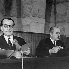 André Malraux (left) and Vittorino Veronese at UNESCO, salvage of Nubia monuments, International campaign.jpg